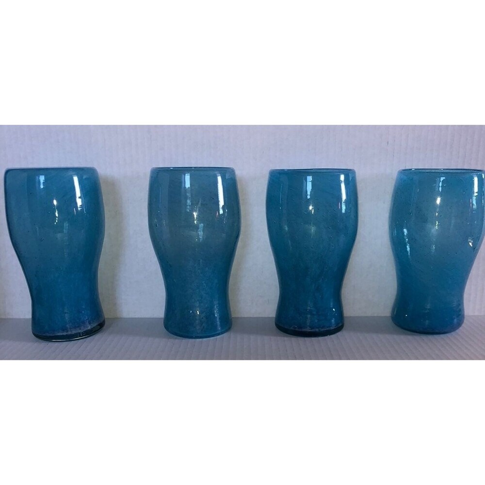 4 Handblown art glass swirl white and Aqua vintage glasses - Picture 8 of 14